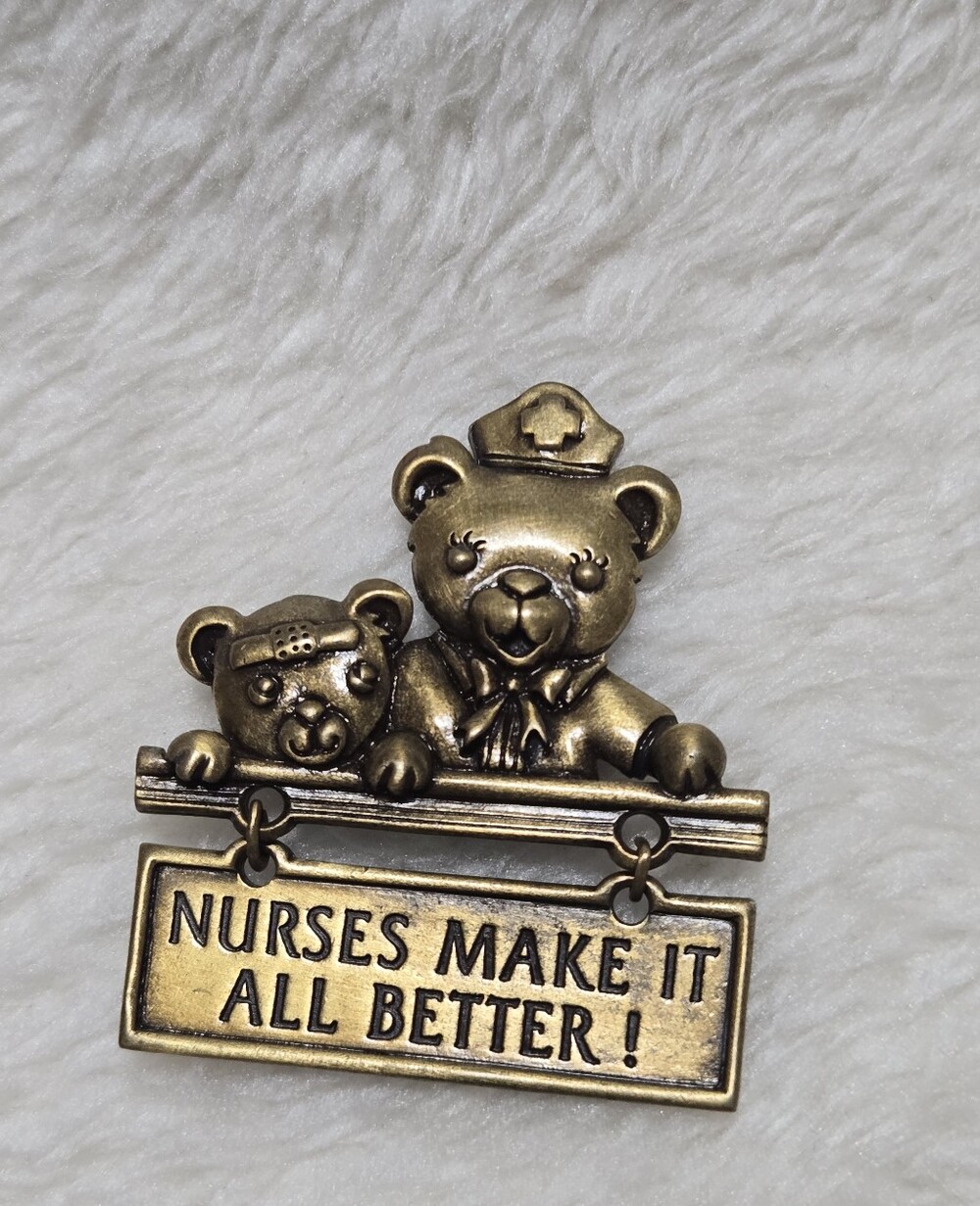 Nurses Make It All Better Bears Vintage Pewter Pin Brooch Signed JJ